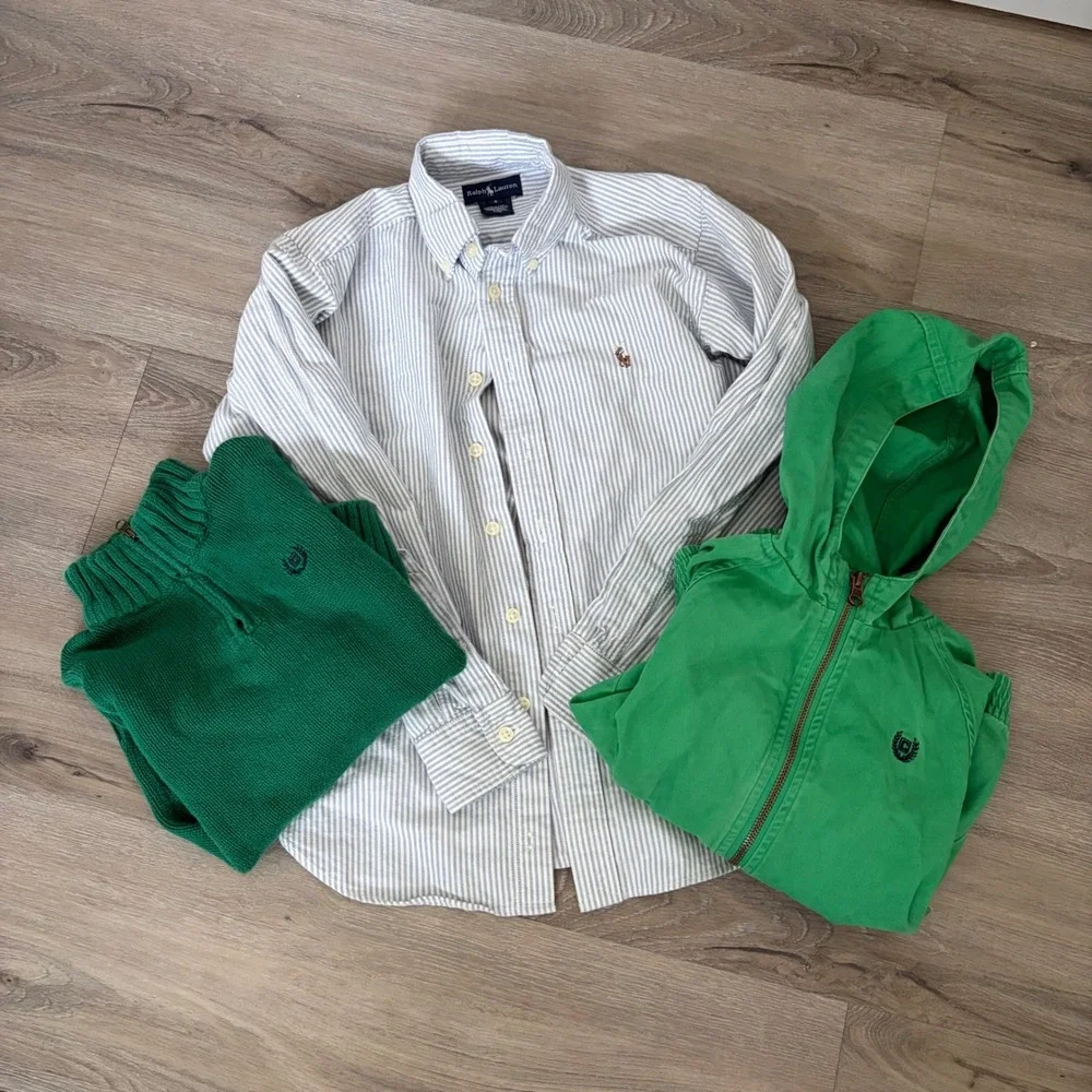 Ralph Lauren Chaps Boys Lot 3 Piece Shirt Sweater Jacket Green Blue White Stripe
